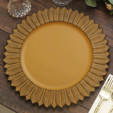 6 Pack 13" Matte Mustard Yellow Sunflower Disposable Charger Plates, Plastic Round Dinner Serving Trays