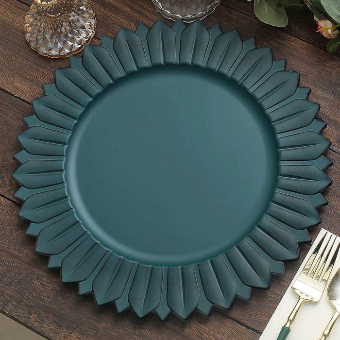 6 Pack 13" Matte Teal Sunflower Disposable Charger Plates, Plastic Round Dinner Serving Trays