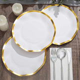 25 Pack | 8inch Matte White / Gold Wavy Rim Disposable Salad Plates, Appetizer Dessert Party Plates