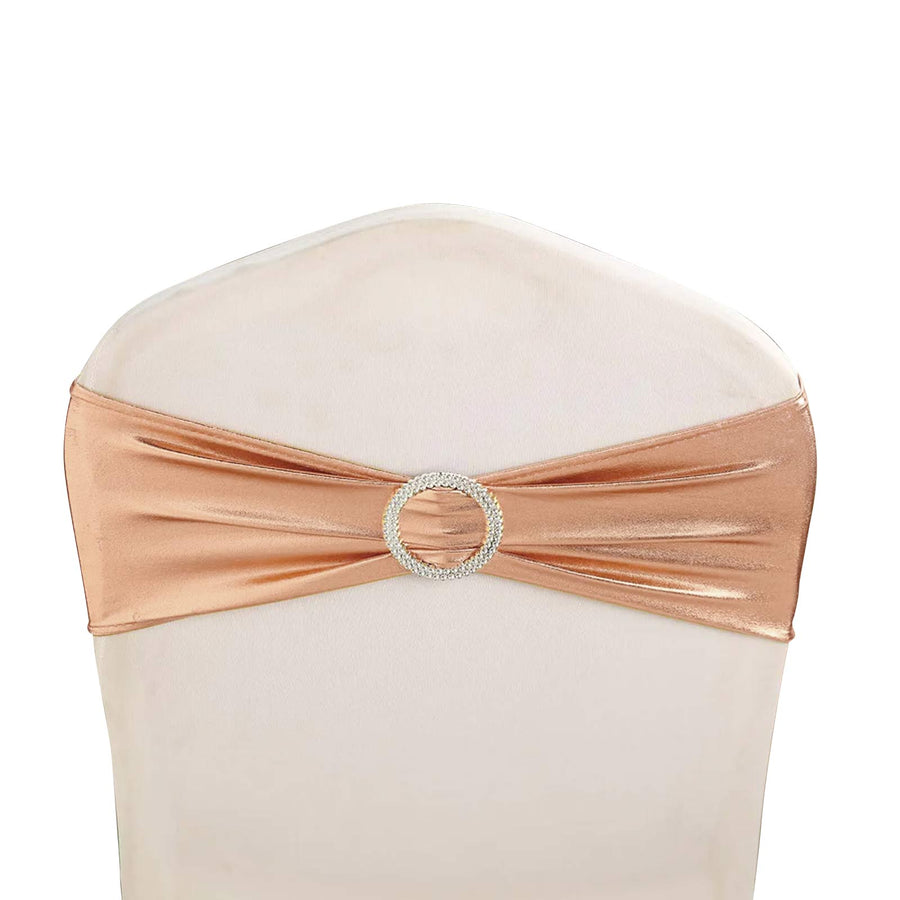 5 pack Metallic Spandex Chair Sashes With Attached Round Diamond Buckles - Rose Gold | Blush