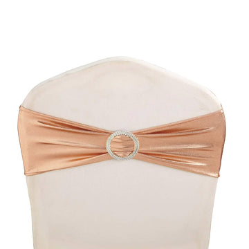 5 Pack Metallic Blush Spandex Chair Sashes With Attached Round Diamond Buckles