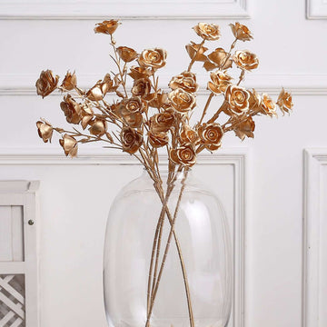 3 Pack Metallic Gold Decorative Faux Rose Flower Branches, Artificial Floral Sprays - 22"