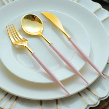 24 Pack Metallic Gold Modern Silverware Set With Blush Handle, 8" Premium Plastic Cutlery Set