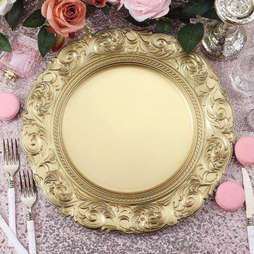 6 Pack 14" Metallic Gold Vintage Plastic Charger Plates With Engraved Baroque Rim, Round Disposable Serving Trays