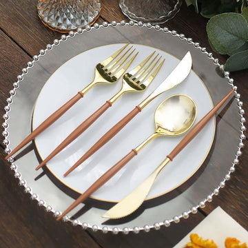 24 Pack 8" Metallic Gold With Brown Silverware Set, Modern Premium Plastic Utensil Set