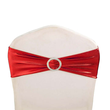 5 Pack Metallic Red Spandex Chair Sashes With Attached Round Diamond Buckles