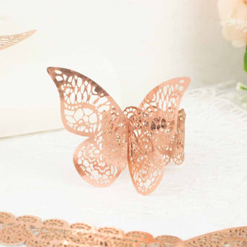12 Pack Metallic Rose Gold Laser Cut Butterfly Paper Napkin Rings, Chair Sash Bows, Serviette Holders