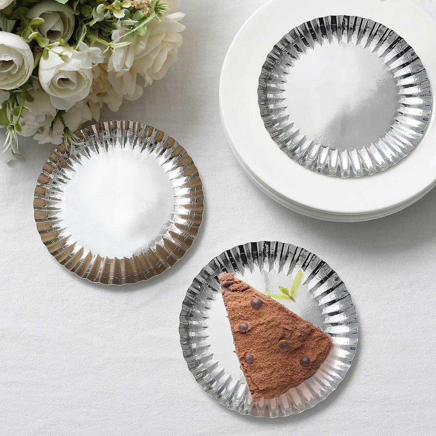 50 Pack | 5inch Metallic Silver Scalloped Rim Mini Paper Dessert Plates, Disposable Tapas