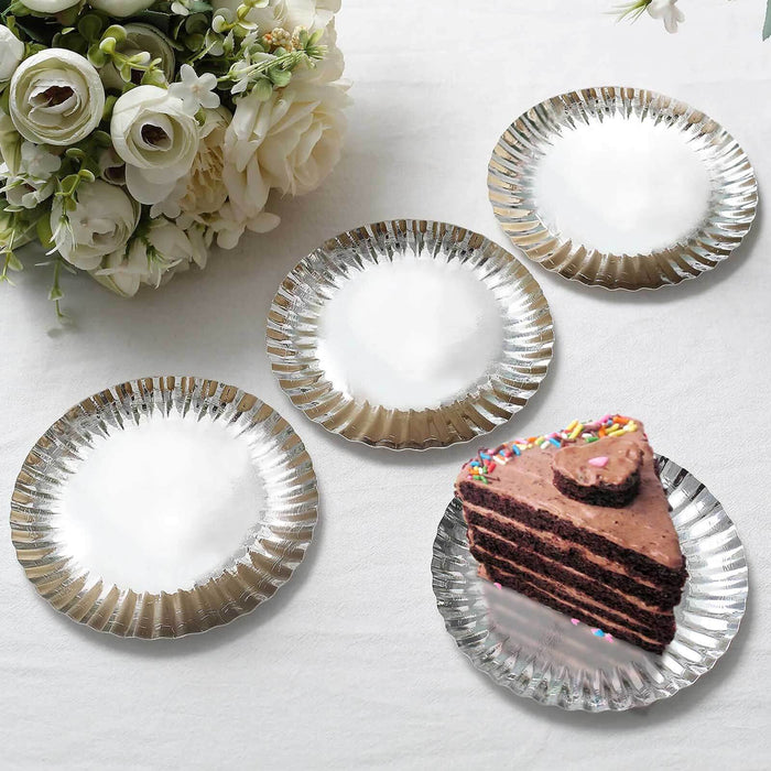 50 Pack | 5inch Metallic Silver Scalloped Rim Mini Paper Dessert Plates, Disposable Tapas