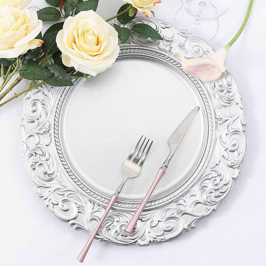 Metallic Silver Vintage Plastic Charger Plates Engraved Baroque Rim, Disposable Serving Trays