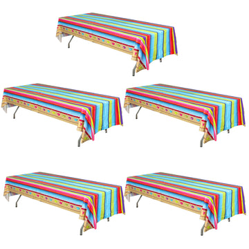 5 Pack Mexican Serape Rectangle Plastic Table Covers, 54"x108" Cinco De Mayo Theme PVC Waterproof Disposable Tablecloths