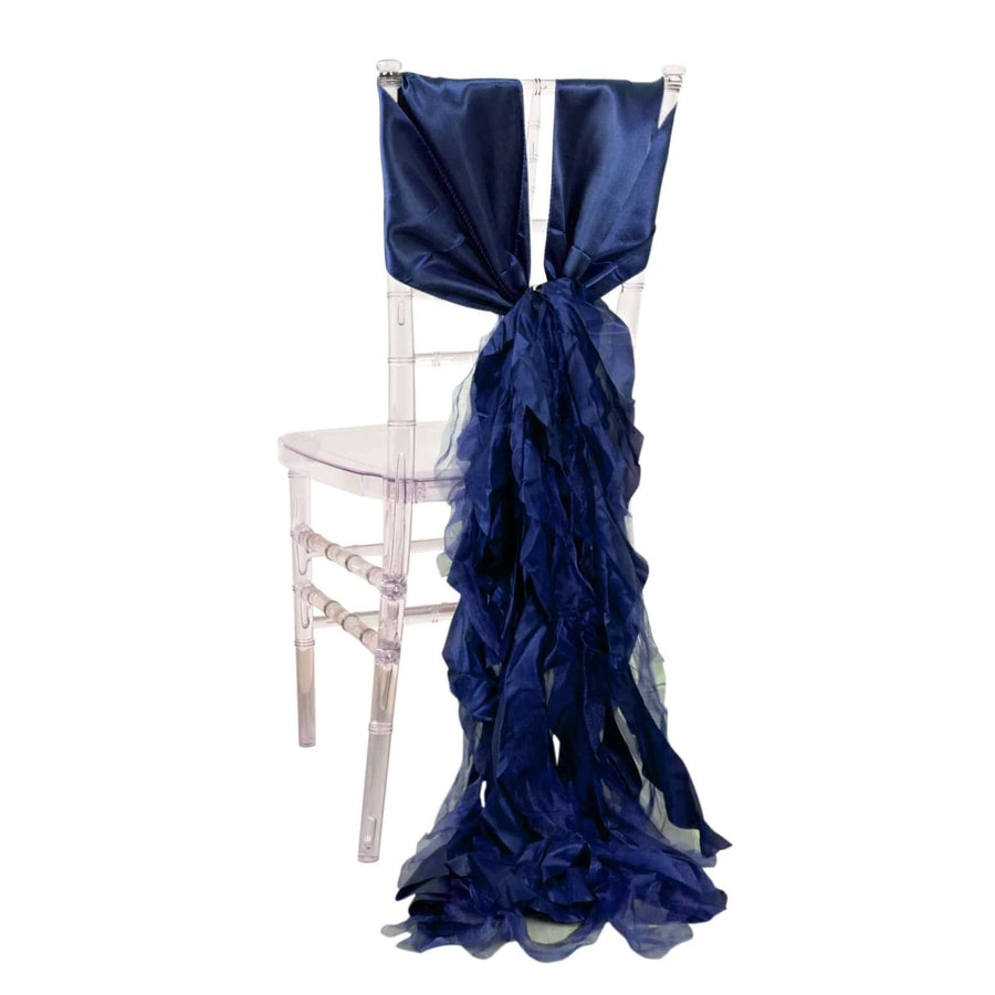 5 Pack Navy Blue Curly Willow Chiffon Satin Chair Sashes