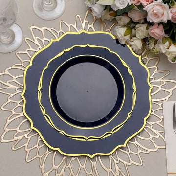 10 Pack 8" Navy Blue Plastic Dessert Salad Plates, Disposable Tableware Round With Gold Scalloped Rim