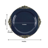 10 Pack 8inch Navy Blue Plastic Salad Plates With Gold Leaf Embossed Baroque Rim, Round Disposable