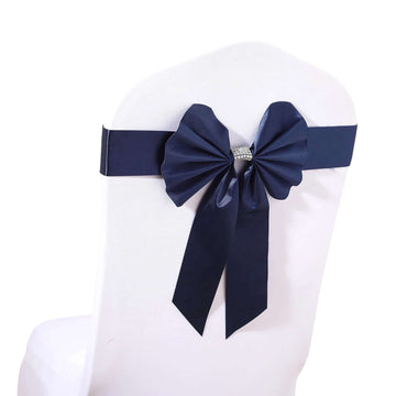 5 Pack Navy Blue Reversible Chair Sashes with Buckles, Double Sided Pre-tied Bow Tie Chair Bands Satin and Faux Leather