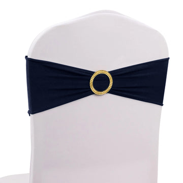 5 Pack Navy Blue Spandex Chair Sashes with Gold Diamond Buckles, Elegant Stretch Chair Bands and Slide On Brooch Set - 5"x14"