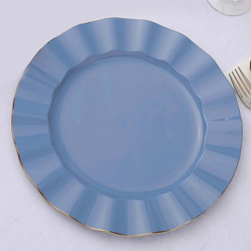 10 Pack 11" Ocean Blue Disposable Dinner Plates With Gold Ruffled Rim, Round Plastic Party Plates