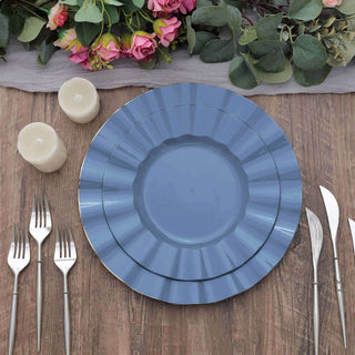 Elegant Ocean Blue Disposable Dinner Plates with Gold Ruffled Rim