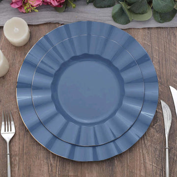 10 Pack 9" Ocean Blue Heavy Duty Disposable Dinner Plates with Gold Ruffled Rim, Hard Plastic Dinnerware
