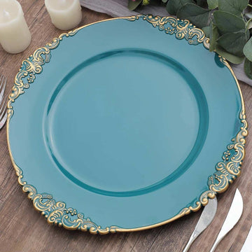 6 Pack 13" Peacock Teal Gold Embossed Baroque Round Charger Plates With Antique Design Rim