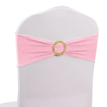 5 Pack Pink Spandex Chair Sashes with Gold Diamond Buckles, Elegant Stretch Chair Bands and Slide On Brooch Set - 5"x14"