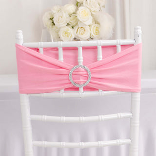 Pink Spandex Stretch Chair Sashes with Silver Diamond Ring Slide Buckle