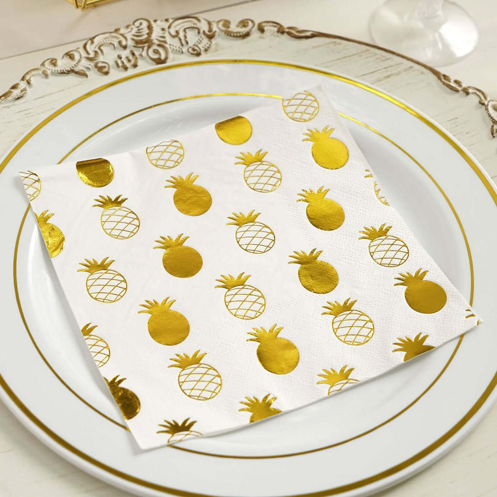 20 Pack Metallic Gold Pineapple Dinner Napkins | tableclothsfactory.com