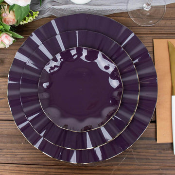 10 Pack 6" Purple Heavy Duty Disposable Salad Plates with Gold Ruffled Rim, Heavy Duty Disposable Appetizer Dessert Dinnerware