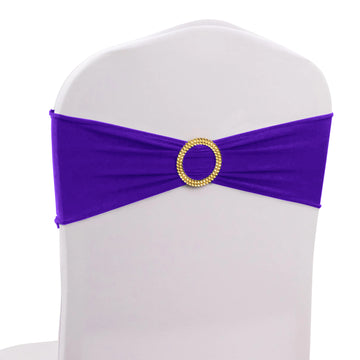 5 Pack Purple Spandex Chair Sashes with Gold Diamond Buckles, Elegant Stretch Chair Bands and Slide On Brooch Set - 5"x14"