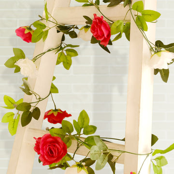 2 Pack 7ft Red Ivory Artificial Silk Flower Garland Mini Rose Vines with 26 Flower Heads