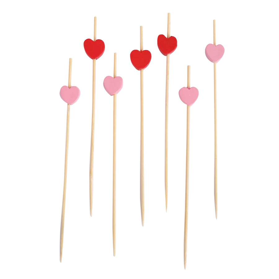 100 Pack Red Pink Eco Friendly Bamboo Heart Skewers Cocktail Sticks, 5inch Biodegradable#whtbkgd