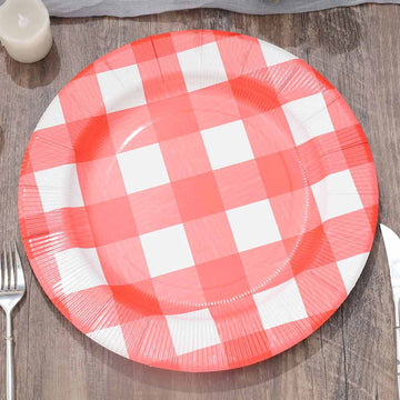 10 Pack 13" Red White Buffalo Plaid Disposable Charger Plates, Round Checkered Sunray Cardboard Serving Trays- 350 GSM
