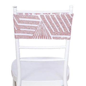 5 Pack Rose Gold Diamond Glitz Sequin White Spandex Chair Sash Bands, Sparkly Geometric Stretchable Chair Sashes