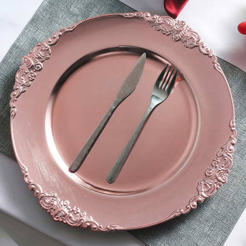 6-Pack Acrylic Round Charger Plates 13" in Rose Gold with Embossed Baroque Rim, Antique Decorative Dinner Party Charger Tableware