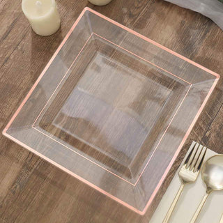 Elevate Your Event with Rose Gold Trim Clear Square Disposable Dinner Plates