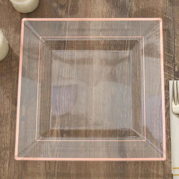 10 Pack 10" Rose Gold Trim Clear Square Disposable Dinner Plates, Plastic Party Plates
