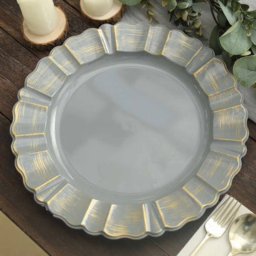 6 Pack 13" Round Charcoal Gray Acrylic Plastic Charger Plates With Gold Brushed Wavy Scalloped Rim