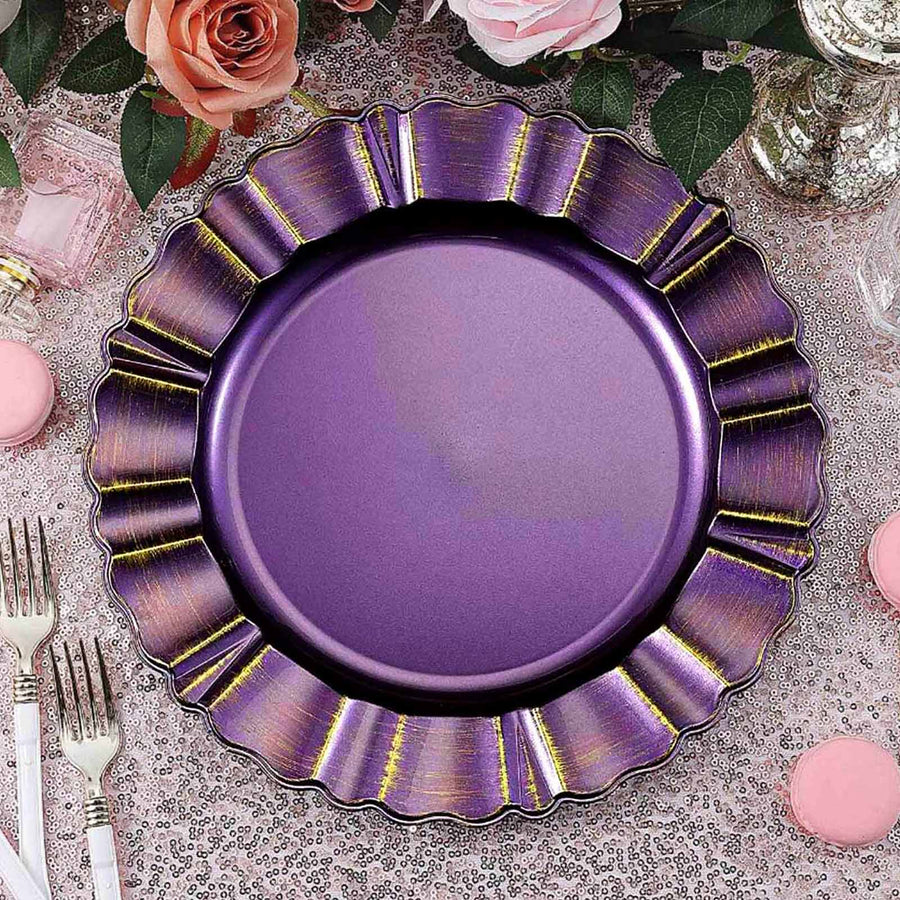 6 Pack | 13inch Round Purple Acrylic Plastic Charger Plates With Gold Brushed Wavy Scalloped Rim