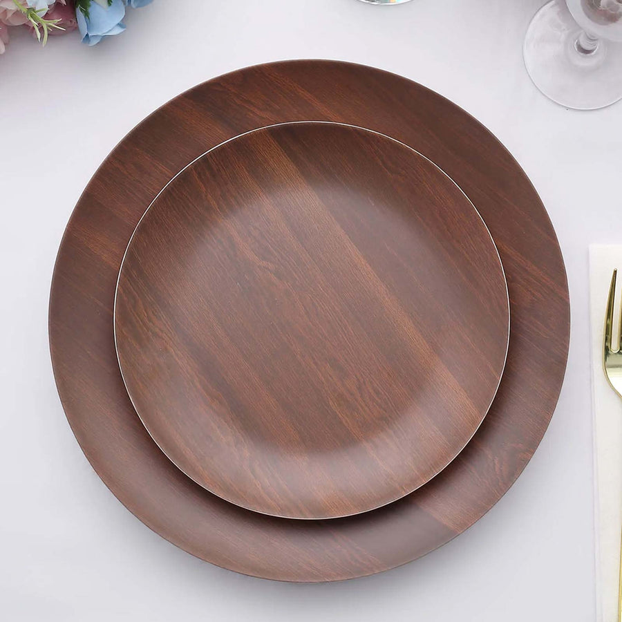 6 Pack | 8inch Rustic Brown Wood Grain Shatterproof Melamine Salad Plates, Round Farmhouse Style