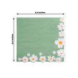 20 Pack Sage Green Daisy Flower Paper Beverage Napkins, Disposable Cocktail Napkins