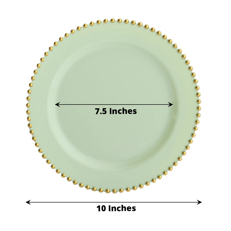 10 Pack Sage Green Disposable Party Plates with Gold Beaded Rim, Round Plastic Dinner Plates