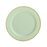 10 Pack Sage Green Disposable Party Plates with Gold Beaded Rim, Round Plastic Dinner Plates#whtbkgd
