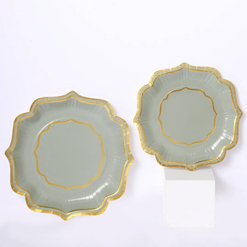25 Pack Sage Green Disposable Salad Plates With Scalloped Gold Rim, 8" Disposable Appetizer Dessert Plates - 300 GSM