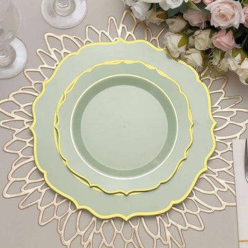 10 Pack 8" Sage Green Plastic Dessert Salad Plates, Disposable Tableware Round With Gold Scalloped Rim