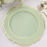 10 Pack | 10Inch Sage Green Plastic Dinner Plates Disposable Tableware Round With Gold Scalloped Rim
