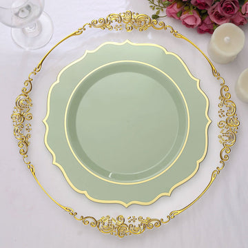 10 Pack 10" Sage Green Plastic Dinner Plates Disposable Tableware Round With Gold Scalloped Rim