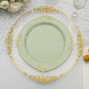 10 Pack 10" Sage Green Plastic Party Plates With Gold Leaf Embossed Baroque Rim, Round Disposable Dinner Plates