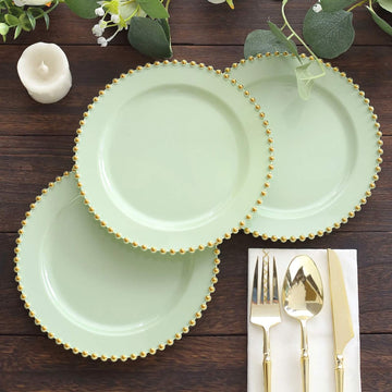 10 Pack Sage Green Plastic Salad Plates with Gold Beaded Rim, Disposable Round Appetizer Dessert Plates - 8"