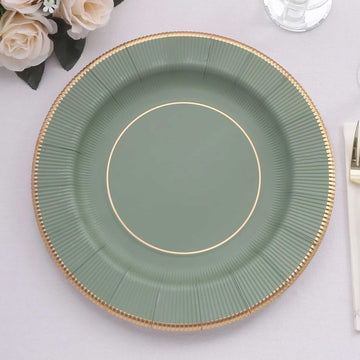 25 Pack Sage Green Sunray Heavy Duty Paper Charger Plates with Gold Rim, 13" Round Disposable Serving Plates - 350 GSM