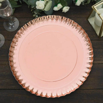 10 Pack Scallop Rim Cardboard Serving Trays, Charger Plates Rose Gold 13", Disposable Round - 1100 GSM